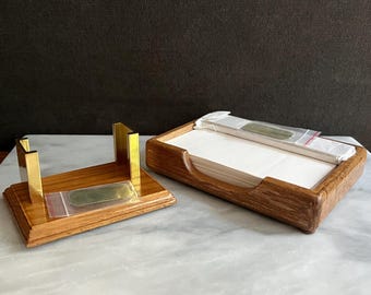 Vintage Oak Desk Set, Two Pieces Desk Accessories Organizer, Brass, Solid Wood