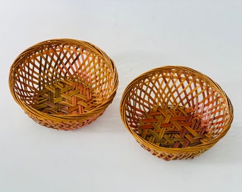 Set of 2 Vintage woven Baskets Handmade Decorative Small Bamboo Baskets