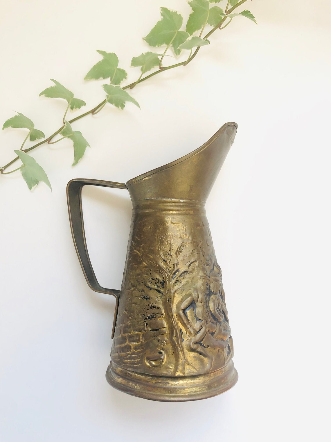 Aged Embossed Brass Pitcher Made in England Flower Pitcher Etsy