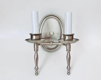 Vintage Double Arm Sconce: Brushed Nickel Candle Style Light Fixture – Farmhouse Traditional Lighting