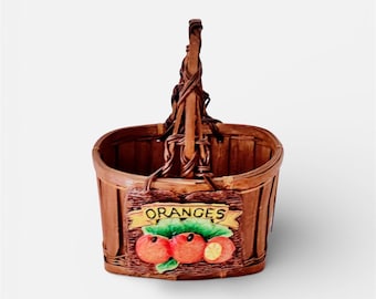 Vintage Splint Wood Basket with Handle and Oranges Plaque | Chipwood Basket | Rustic Country Kitchen