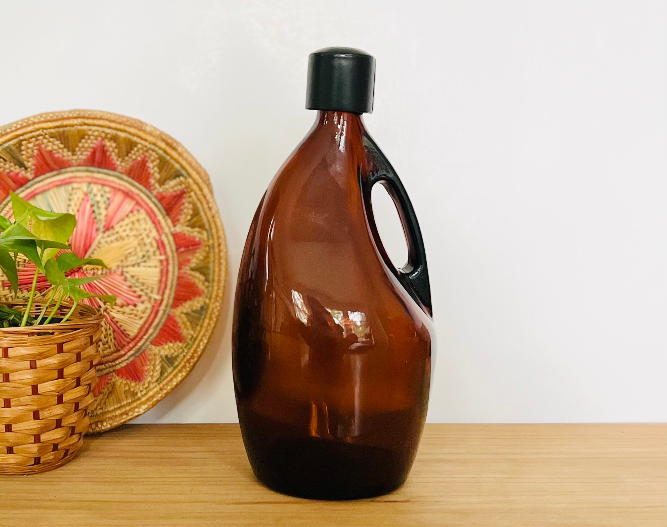 Vintage Brown Glass Jug Vintage Glass With Wooden Lid Etsy