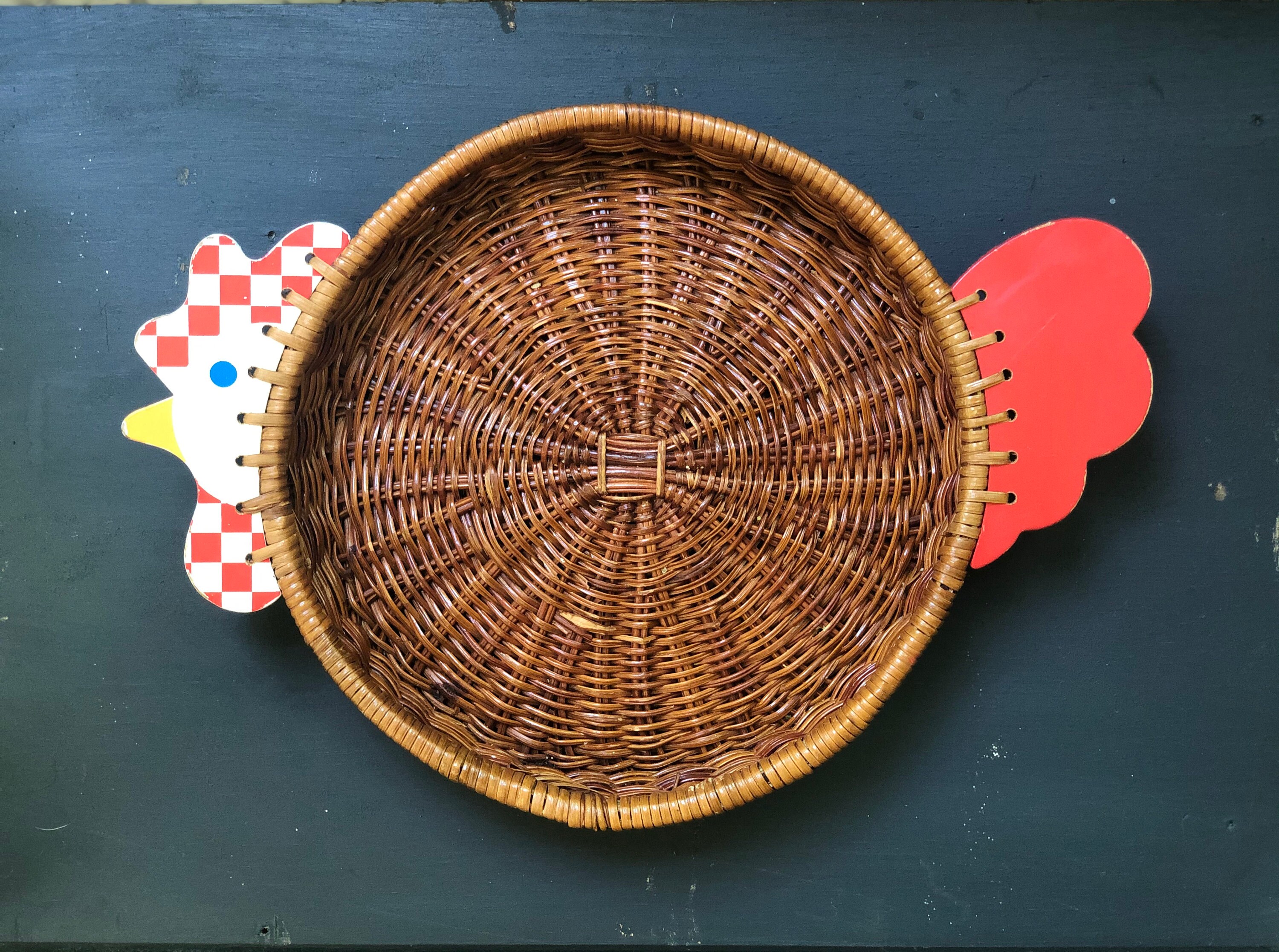 Vintage Wicker Rattan Chicken Basket, Bread Woven Basket, Egg Basket,  Rustic Farmhouse Decoration, Tray With Handles 