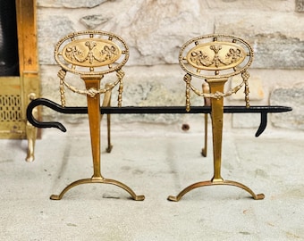 Antique Victorian Brass Fireplace Andirons, Rare Chippendale Revival Fire Dogs, Circa 1875–1900