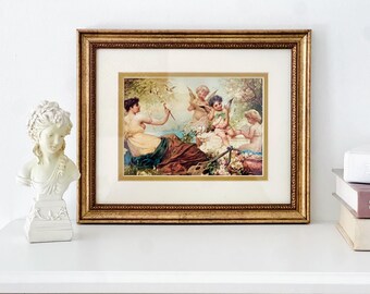 Vintage Hans Zatzka Print | Framed Cherubs & Lady, Romantic Garden