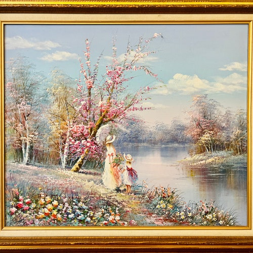 Vintage Oil On Canvas Art Painting Landscape shops Woman & Child Signed Vintage Wooden Frame Impressionism