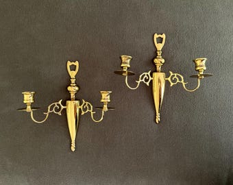 Set of 2 Vintage Baldwin Solid Brass Colonial Wall Sconce Candleholders