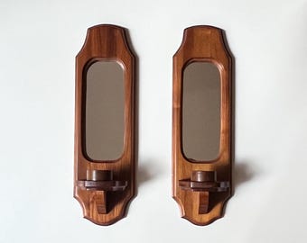 Pair of Vintage Wooden Candle Sconces with Mirror - Home Gifts - Cottage Decor