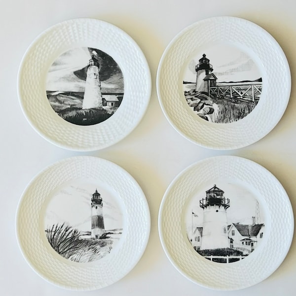 Wedgwood Nantucket Basket Accent Luncheon Collectors Plates Embossed, Light House Pattern White and Black Colors 9" Discontinued Replacement