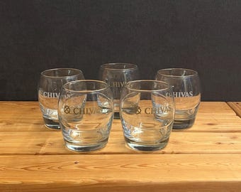 Set of 5 Vintage Chivas Regal Whiskey Glasses, Curved Rocks Tumblers, Weighted Base Barware