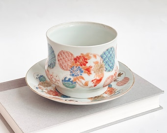 Antique Japanese Kutani Porcelain Teacup & Saucer Late Meiji Period c. 1890–1910