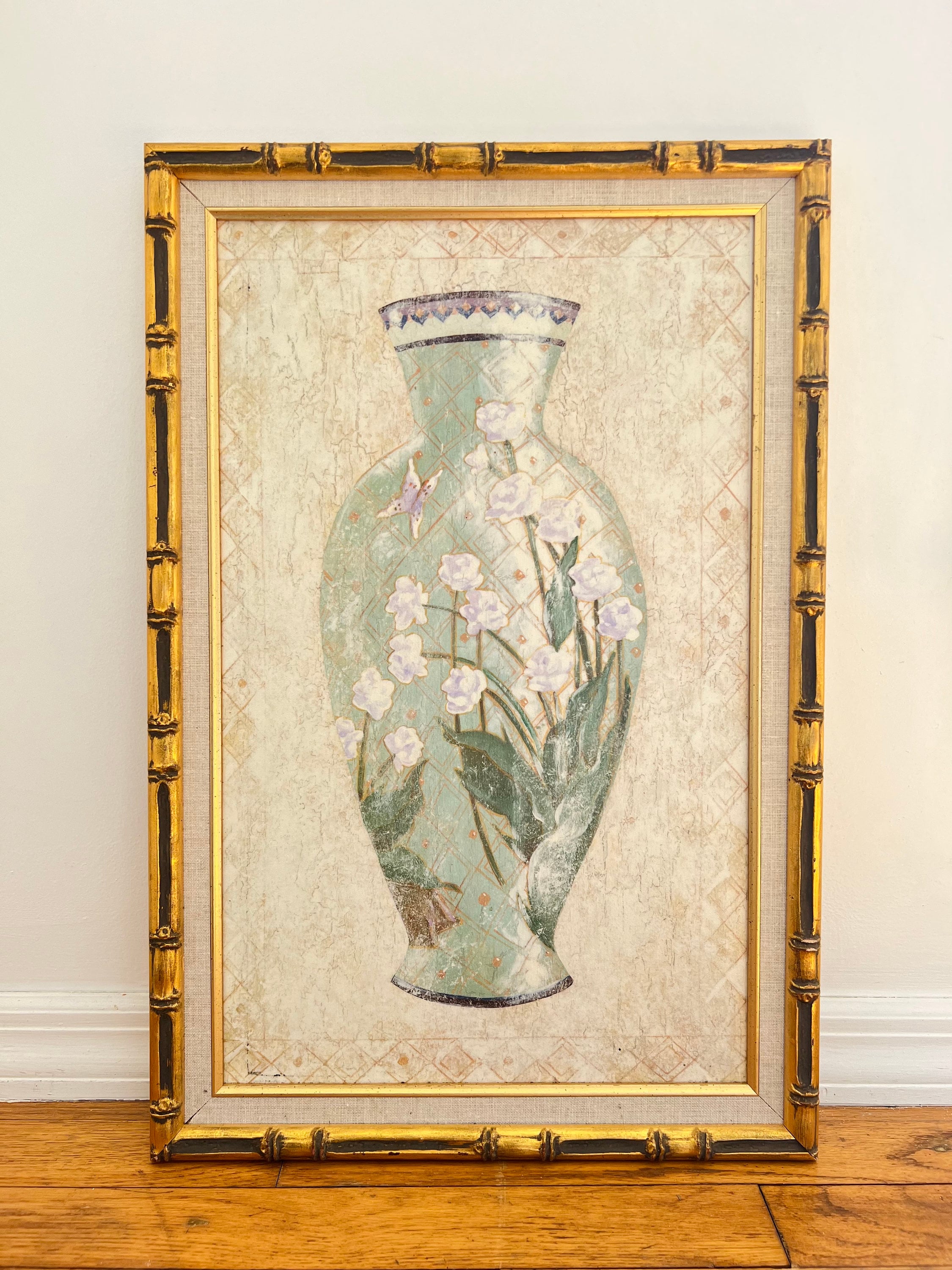 Vintage Gold Gilt Faux Bamboo Framed Wall Art China Vase White Etsy