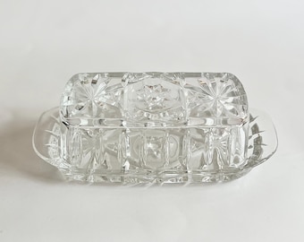 Vintage Anchor Hocking Prescut Glass Butter Dish Star Pattern Farmhouse Kitchen Decor