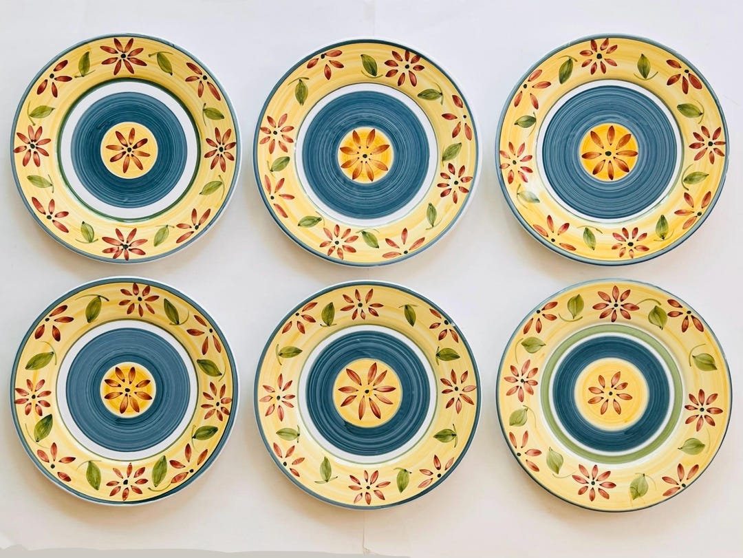 Set of 6 Vintage Caleca Enna Hand Painted Floral Dinner Plates 11.25 ...