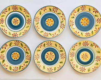 Set of 6 Vintage Caleca Enna Hand Painted Floral Dinner Plates 11.25” Italy