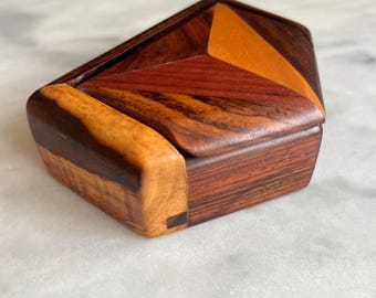 Vintage Wood Inlay Jewelry Box, Geometric Marquetry Trinket Box