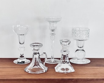 Vintage Crystal Candlestick Holder: Mismatched Pressed Glass, MCM Decor, Rogaska Gallia Crystal, Mikasa