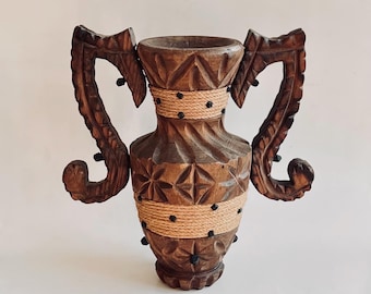 Vintage Spanish Brutalist Style Carved Wood Vase, Rope, Double Handles, Mediterranean Art Decor
