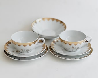 8-Piece Vintage Gold Gilt Porcelain Coffee Tea Dessert Service for Two – French Limoges Style