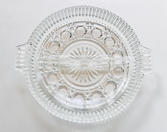 Vintage Federal Glass Windsor Divided Relish Dish Button & Cane Pattern Serving Tray