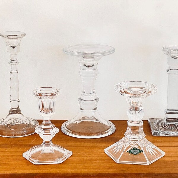 Vintage Crystal Glass Candlestick Holders You Choose, Mismatched, Pressed Glass, Art Decor, MCM Glass Candelabra, Cozy Ambiance