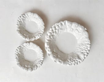 Vintage Blanc de Chine Bowl Set | Italian Glazed Ceramic Embossed Fruit Rim