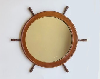 Mid Century Wooden Ship Wheel Mirror, Nautical Wheel Mirror, Bathroom Mirror, Coastal Home Decor