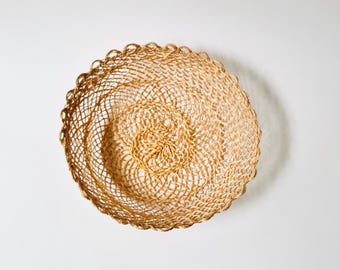 Vintage Woven Basket, Handwoven Natural Fiber Rope Basket, Open Weave Scalloped Bowl, Boho Coastal Cottage Decor, Unique Collectors Basket