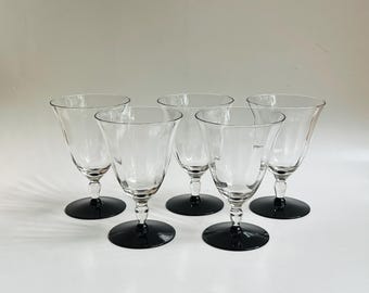 Vintage Black Stem Wine Goblets - Set of 5 - Ribbed Glass Barware