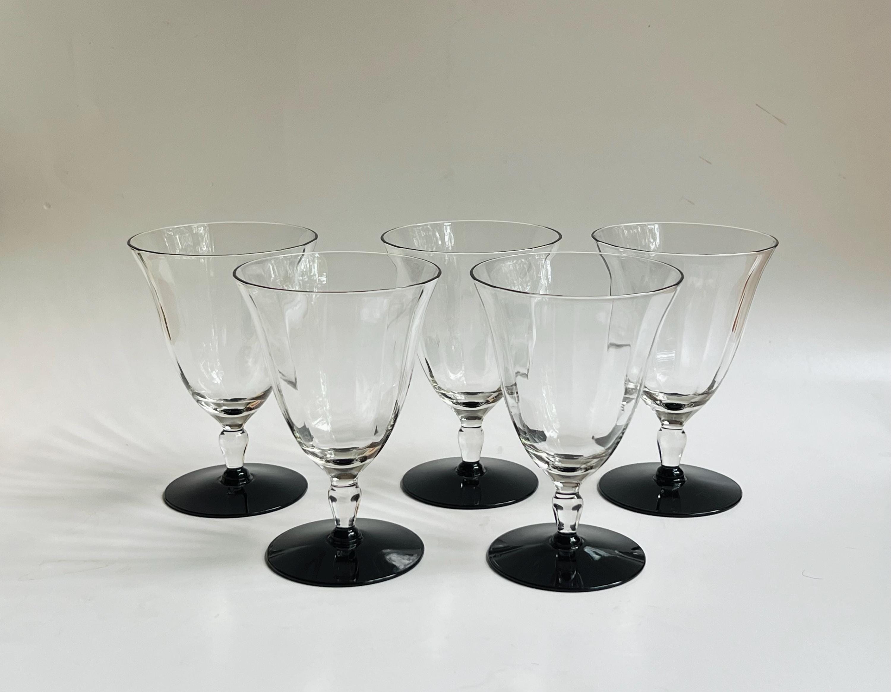 Set of 5 Vintage Wine Goblets with Black Stems, Modernist Barware, Clear Ribbed Glass, 1970s–80s, Dessert Compote, Cocktail, Wine Glasses