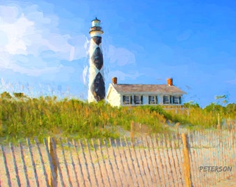 Cape Lookout Lighthouse & Keepers Quarters Giclee Printed On Canvas By Jan Peterson
