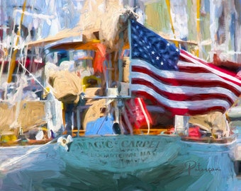 Sailboat 'Magic Carpet' Glicee On Canvas Beaufort Docks North Carolina by Jan Peterson