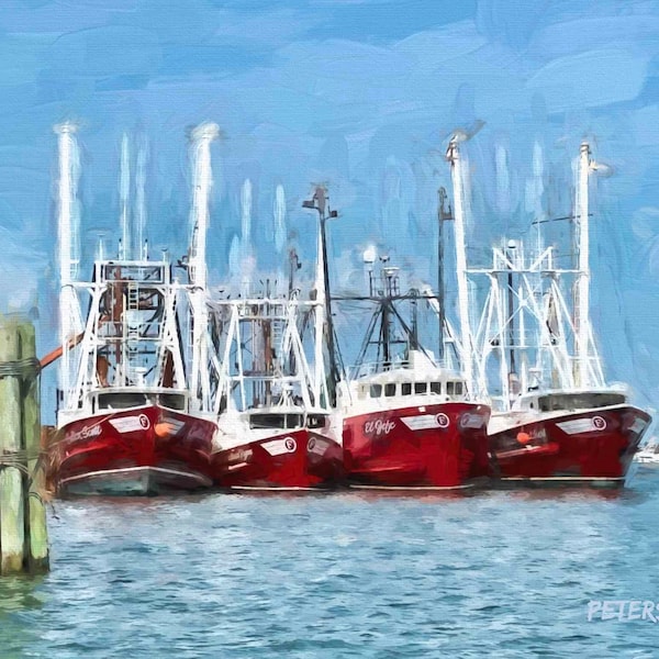 Shrimp Trawlers 'Fulchers Fleet' Giclee On Canvas Gallants Channel, Beaufort NC by Jan Peterson