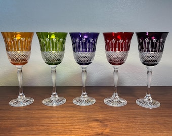Cristal de Paris Marsala Cut to Clear Wine Hocks Set of 5 Multi Color French Lead Crystal 8 inch Goblets