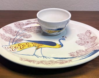 Williamsburg Chownings Tavern Peacock Platter & Bowl Set, Homer Laughlin
