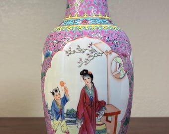 Vintage Chinese Famille Rose Mille Fleurs Porcelain Vase 12 inch Qianlong Mark Republic Period Style Hand Painted Figural Panels