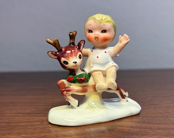Vintage Napco Christmas Joy Angel Riding Reindeer Figurine S1230B Japan