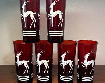 Set of 6 Vintage Libbey Ruby Red Gazelle Highball Glasses Mid Century Modern Hostess Glassware