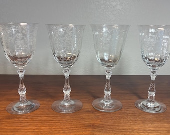 Four Vintage Fostoria Navarre Water Goblets Etched Crystal 7 5/8 Inch Set of 4