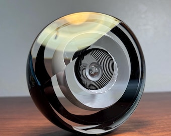 Huge Paul Harrie Saturn Paperweight Signed Art Glass Black White Spiral 4.5 Inch