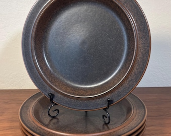 Set of 4 Arabia Finland Ruska Dinner Plates Stamped Mark Dark Espresso Glaze Early Production