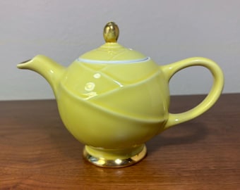 Vintage Hall China Moderne Teapot 0219 Canary Yellow Gold Trim 6 Cup USA Pottery