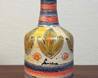 Vintage Bitossi Aldo Londi Lavoro Italian Pottery Decanter Vase Mid Century Modern Striped Sgraffito Ceramic Italy