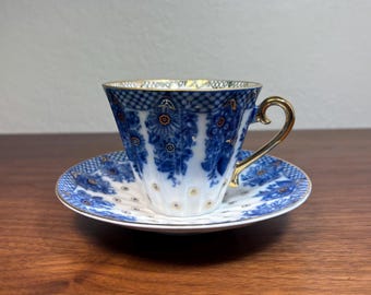 Lomonosov Bridesmaid Baskets Cup and Saucer Set USSR Cobalt Blue Gold