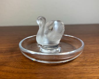 Lalique France Frosted Crystal Swan Ring Dish Signed French Art Glass Trinket Tray Vide Poche