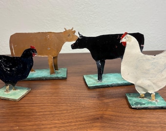 Antique 1912 Folk Art Farm Animal Set, Recycled Tin Americana
