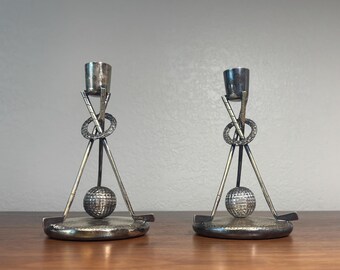 1891 Mappin & Webb Golf Candlesticks Pair Princes Plate Triple Deposit Victorian Novelty