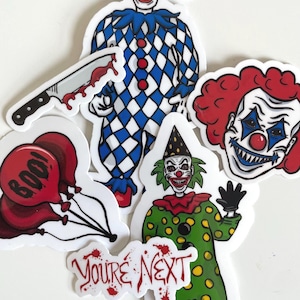 Circus creepy clowns horror digital illustrations sticker set laptop decals set of 6