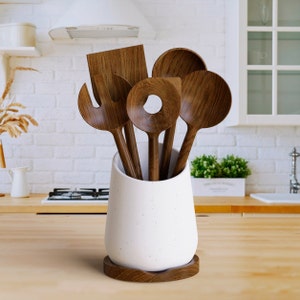 Acacia Kitchen Utensils Set with Spoon Rest and Ceramic Holder Non-Toxic Wooden Spoons for Cooking by Ziruma image 1