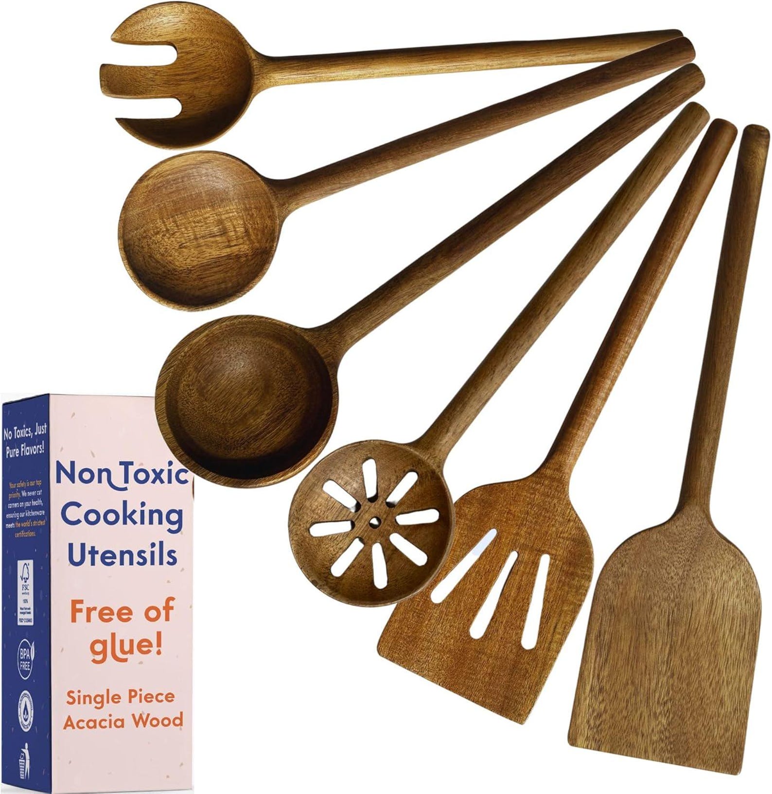Non-Toxic Wooden Cooking Utensil Set: 6-Piece, Plant-Based Finish, No glues